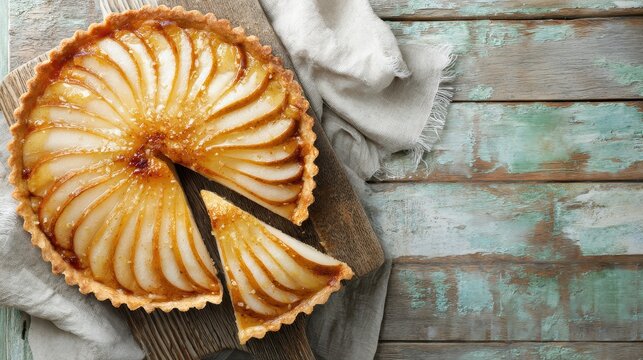 Delicious baked pear tart with caramelized pears and crispy crust served on rustic wooden table