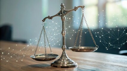 Obraz premium A brass balance scale on a wooden table with a blurred background and digital network overlay symbolizing justice and technology.