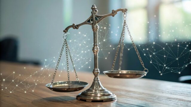 A brass balance scale on a wooden table with a blurred background and digital network overlay symbolizing justice and technology.