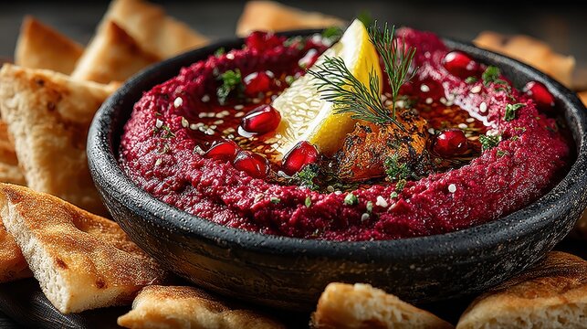 Traditional Middle Eastern style hemi dish served in a black stone bowl garnished with lemon and herbs