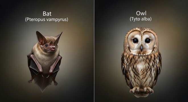 Comparison of a bat and an owl on a dark background