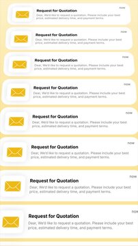 Request for Quotation email notification appears in an animated display. Ideal for business communication, procurement processes, incoming proposals, and financial topics.