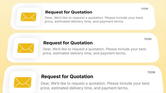 Request for Quotation email notification appears in an animated display. Ideal for business communication, procurement processes, incoming proposals, and financial topics.