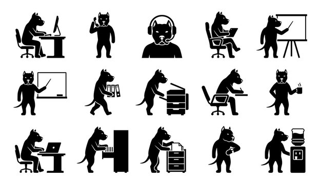 Black silhouette icon set of pitbull dog working in modern office environment doing corporate business tasks like computer typing presentation vector pictogram collection