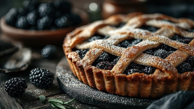 Delicious homemade blackberry pie with lattice crust topped with powdered sugar on dark rustic background