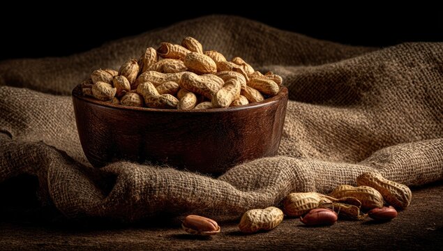 Bowl of Peanuts on Burlap Background.