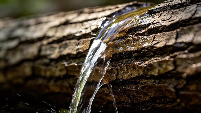 Water flowing down rough textured tree trunk in natural forest