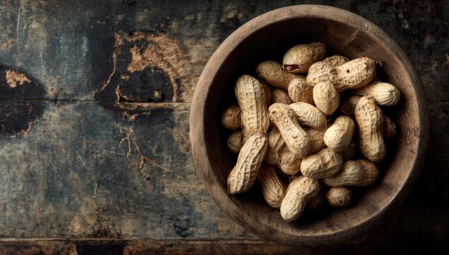 Rustic Wooden Bowl Filled with Unpeeled Peanuts Overhead View.