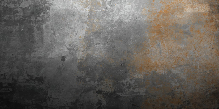A dark and aged grunge metal background featuring a rough textured surface with vintage rust patterns and dirty gray paint on an old weathered wall
