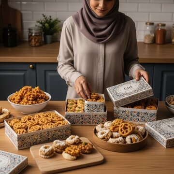 Muslim Woman Arranging Eid Sweets and Treats in a Festive Kitchen