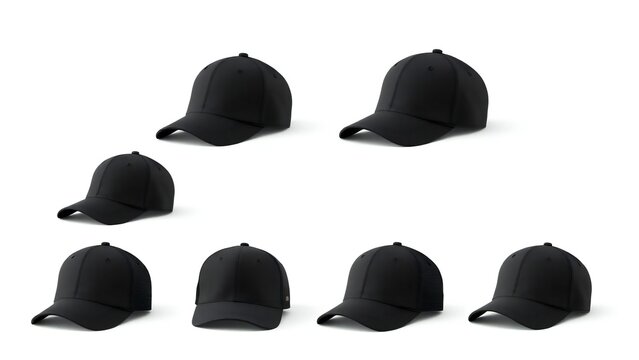 Collection of black baseball caps arranged in a pattern