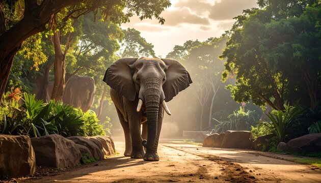 Elephant strides down a sunny path amidst lush greenery, capturing the beauty of nature and animal majesty