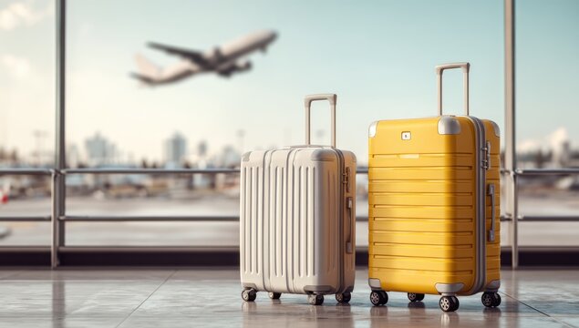 Two suitcases stand ready for travel at an airport with a plane in the background.