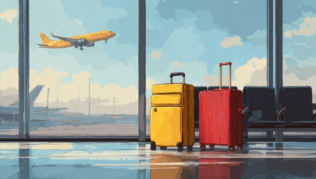 Airport Departure Lounge with Luggage and Airplane Taking Off.