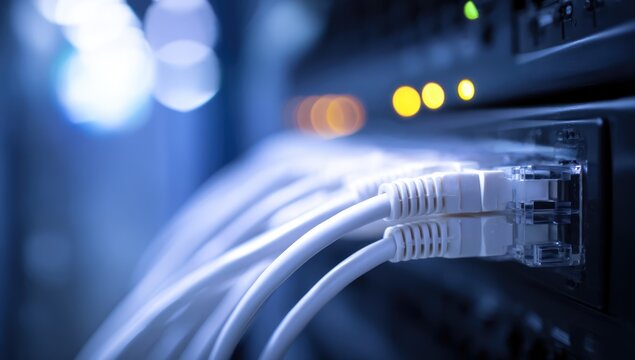 Close-up of Ethernet cables plugged into a network switch with glowing lights.