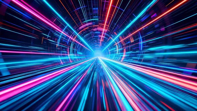 Neon light tunnel with flowing colorful bands and deep perspective