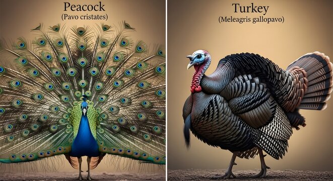 Comparison of a peacock with display feathers and a turkey standing side by side