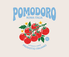Vintage Pomodoro Roma Italia Illustration - Retro Prodotto Italiano Graphic with Red Vine Tomatoes - Classic Hand-Drawn Authentic Sabor Mediterranean Apparel T-Shirt Design Art © MD MAIDUL ISLAM