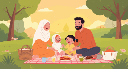 Fototapeta premium A Muslim family enjoying a picnic outdoors.