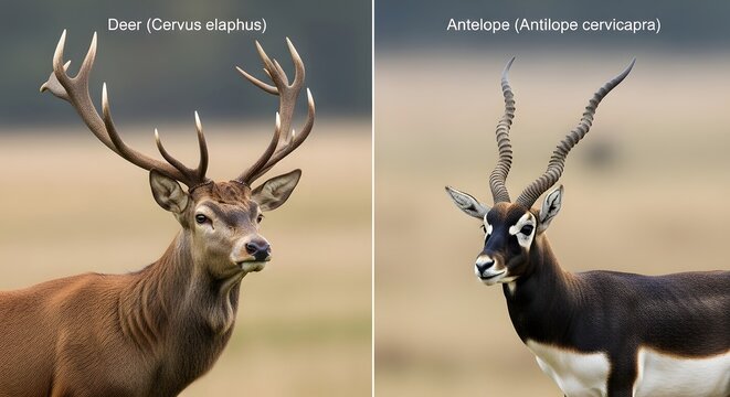Comparison of a red deer cervus elaphus and a blackbuck antelope antilope cervicapra side by side