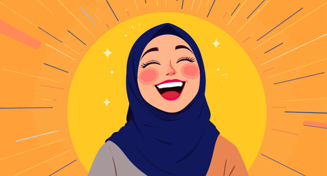 Smiling woman wearing blue hijab headscarf.