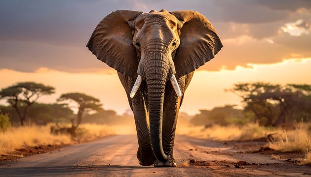 Elephant struts a dirt road during sunset with large tusks & ears, grassy landscape & a beautiful dusk sky