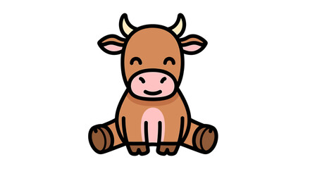 Fototapeta premium A cute brown cow sits on the ground with a happy expression on its face.
