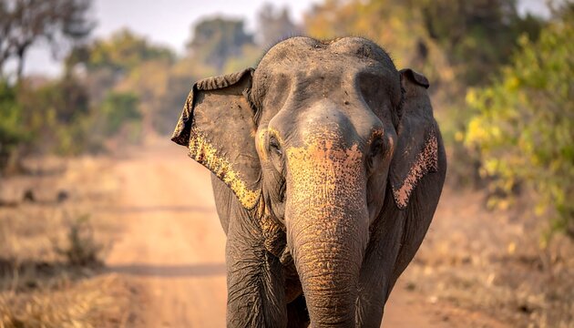 Elephant walking directly down a dusty path, foliage visible on both sides