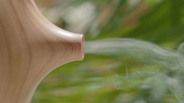 Aroma diffuser releases white steam mist against blurred green plants background at home.