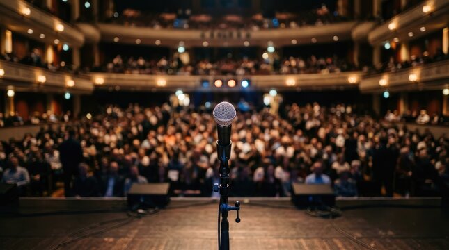 A microphone stands prominently on a stage in a grand auditorium filled with a large audience. The stage is bathed in warm light, highlighting the microphone and the front of the stage.
