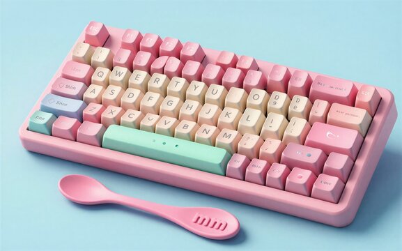 Pastel pink keyboard with matching spoon on soft blue background.