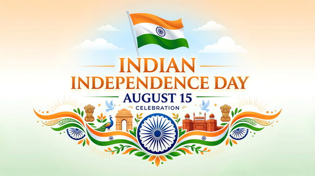 Indian Independence Day Celebration August 15 With Tricolor Flag, Ashoka Chakra and National Symbols