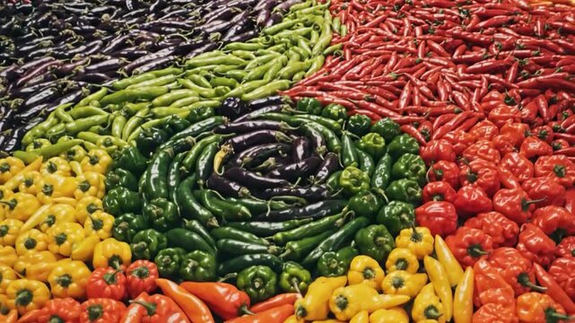 Vibrant Spectrum of Chili Peppers Arranged in a Colorful Gradient