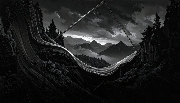 Dreamy, monochrome mountain landscape through a surreal, draped, quadrangular portal