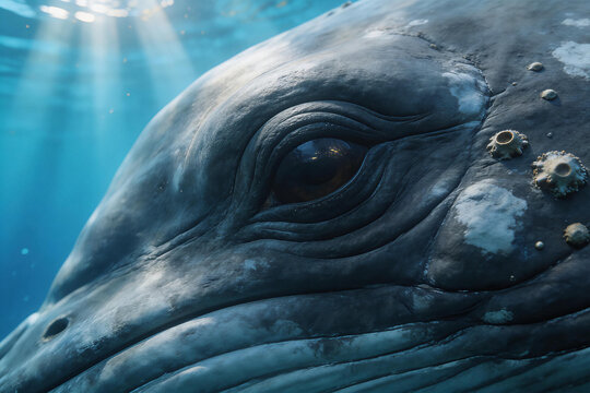 Close up underwater portrait of a whale eye and textured skin with barnacles under bright sun rays