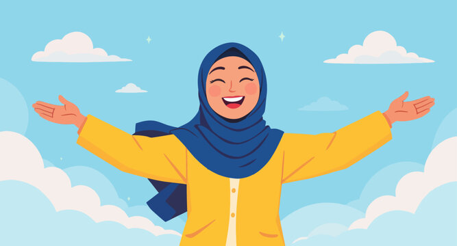 A smiling woman wearing a hijab and yellow jacket with arms outstretched.