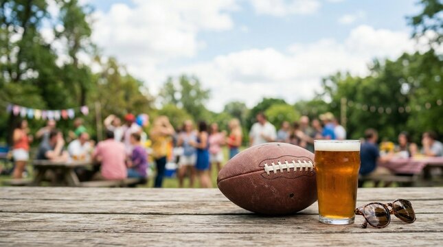 Glass of beer and american football on wooden table during outdoor tailgate party with people background