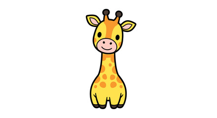 A cute cartoon giraffe stands smiling in a field of green grass outdoors. © Sentimental Visual