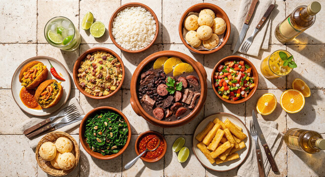 Editorial Style Brazilian Table Scene Showcasing Feijoada and Traditional Side Dishes, Highlighting Tropical Colors, Authentic Recipes, and Abundant Culinary Culture.