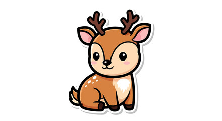 Fototapeta premium A cute cartoon deer with brown fur and antlers sits on ground