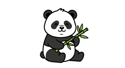 Fototapeta premium A cute panda bear sitting and holding bamboo shoots in the forest