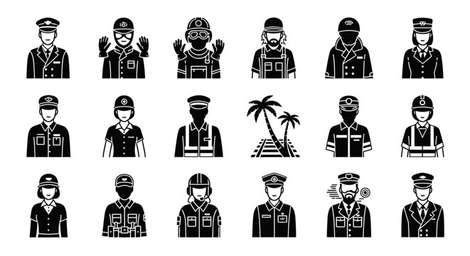Set of 18 black silhouette icons showcasing unique railway engineer and train crew uniforms. Clean and modern vector style with high detail, suitable for professional design use and stock platforms.