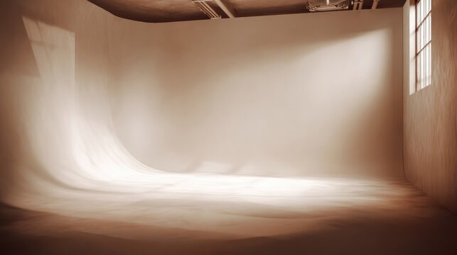 Empty photography studio cyclorama with soft light from window.