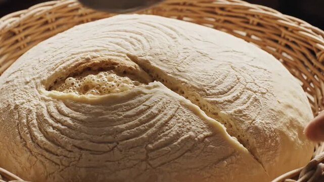 Hands scoring bread dough in a basket before baking