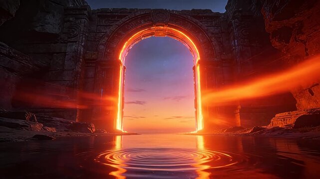 Ancient stone archway emitting orange light in mysterious ruins