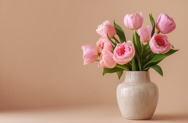 Fototapeta premium Beautiful Pink Tulips in a Ceramic Vase on a Neutral Background.