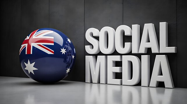 Global social media concept with australia flag sphere and bold text on modern background