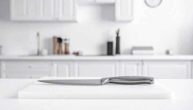 Sharp kitchen knife on a clean white cutting board, positioned off-center with ample copy space in a blurred modern minimalist kitchen setting, ready for food prep