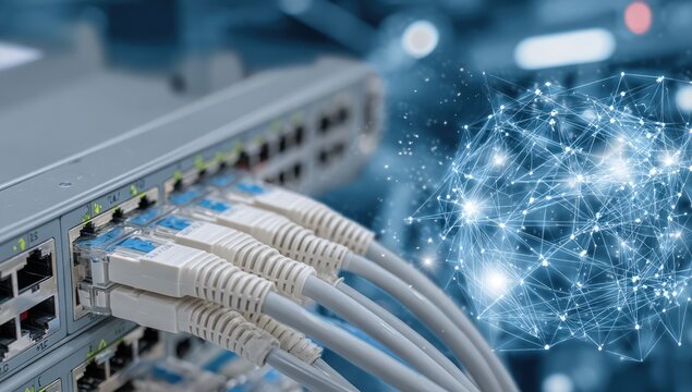Network Switch with Connected Cables and Digital Brain Overlay.