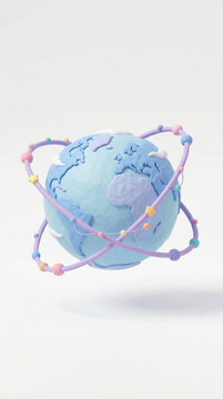 Globe Clay Style 3d Earth Model with Pastel Orbit Rings Floating Stars and Clouds.